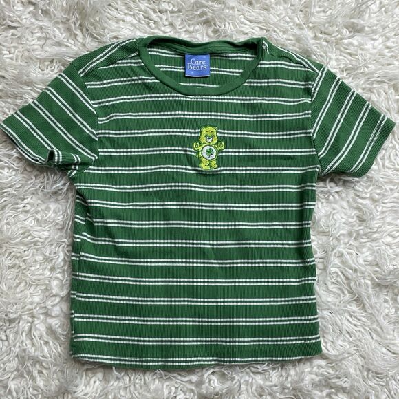Vintage 90s Green Striped Care Bears Good Luck Bear Ribbed T-Shirt Medium - Picture 1 of 4